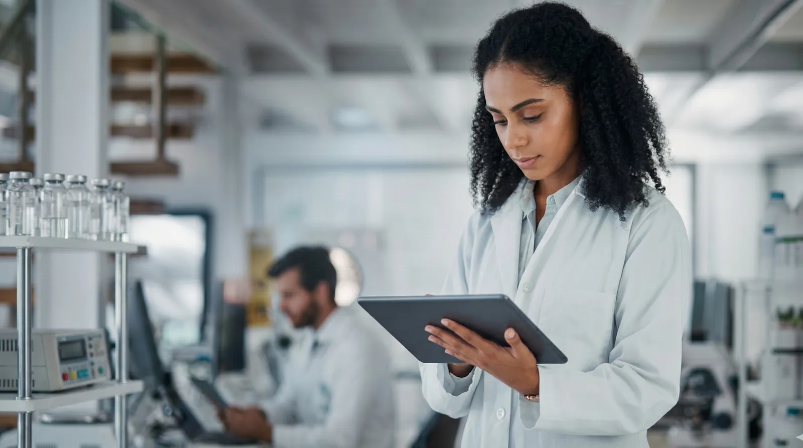 Ärztin mit Tablet in moderner Praxis