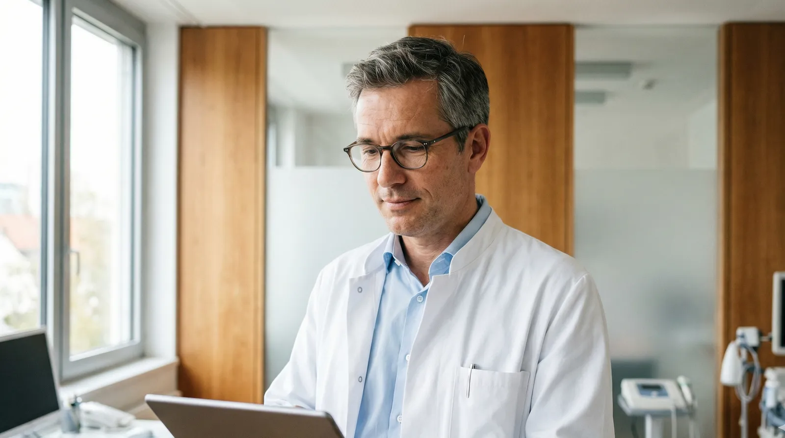 Arzt nutzt digitale Anamnese auf Tablet