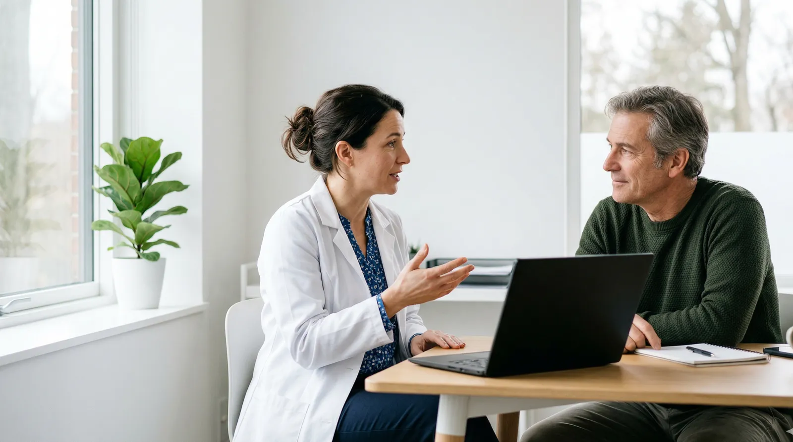 Ärztin im Gespräch mit Patient in moderner Praxis