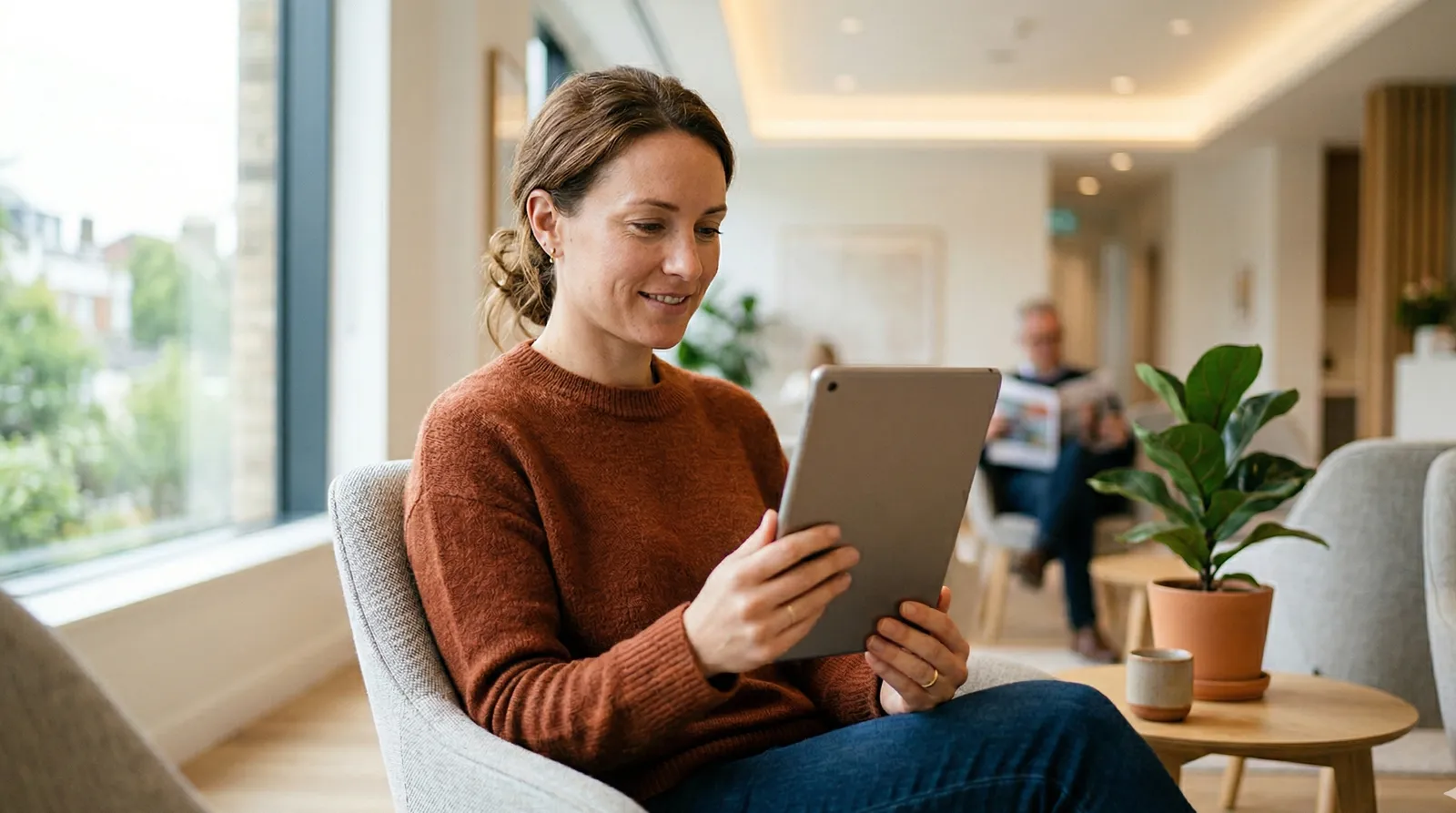 Patientin füllt digitalen Anamnesebogen auf Tablet im Wartezimmer aus